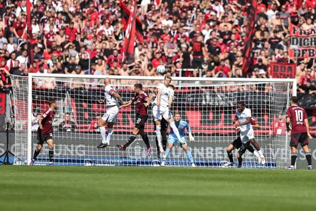 Scene in front of the Nuremberg goal in the first round match of the 2024 2025 season between 1 FC Nuremberg and Hertha BSC in Nuremberg 21 09 2024