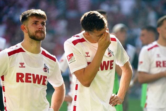 Football, 2 BL Season 2024 2025 Fortuna Düsseldorf vs 1 FC Köln , Merkur Spiel Arena Düsseldorf , Jan Thielmann, Eric Martelboth 1 FC Köln , disappointment