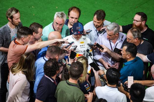 Formula 1, Singapore GP - Max Verstappen gives press statement in the paddock