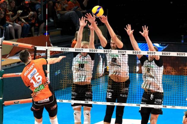 DEU, DVV, 1 VBL, BR Volleys vs Helios Grizzlys Giesen, 21 09 2024, Max Schmeling Halle, Berlin, DEU, DVV, 1 VBL, BR Volleys vs Helios Grizzlys Giesen, in the picture Moritz Reichert BR Volleys 15 , Jan Roeling Giesen 10 , Jakob Guenthoer Giesen 12 , John Hatch Giesen 9 Photo Juergen Engler nordphoto GmbH nordphotoxGmbHx xEngler nph00076