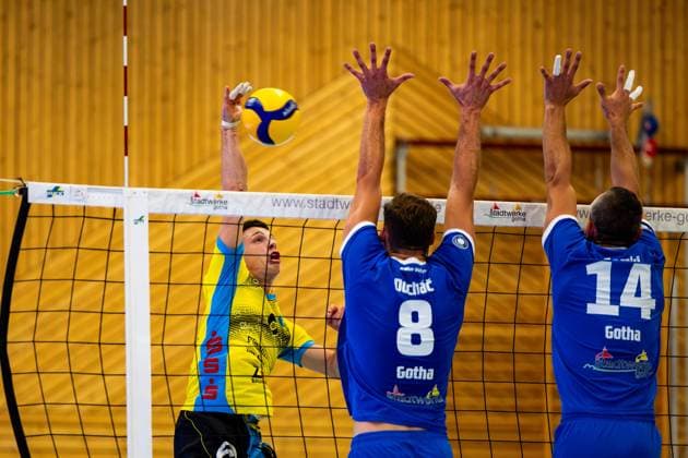 21 09 2024, GER, Volleyball, 2 BL Maenner Sued, Season 2024 2025, 1 Matchday, Blue Volleys Gotha TSV Mimmenhausen Joshua Rauber TSV Mimmenhausen Dominik Duchac Blue Volleys Gotha Tomasz Gorski Blue Volleys Gotha 99867 Gotha Sporthalle Sportanlage Ernesti Thüringen Germany