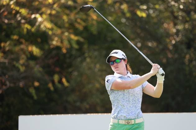 CINCINNATI, OH - SEPTEMBER 21: LPGA, Golf Damen player Leonia Maguire plays her tee shot on the 8th hole during the third round of the Kroger Queen City Championship presented by P&G on September 21, 2024, at TPC River™s Bend in Cincinnati, Ohio. (Photo by Brian Spurlock Icon Sportswire) GOLF: SEP 21 LPGA Kroger Queen City Championship pres by P&G EDITORIAL USE ONLY Icon24092147