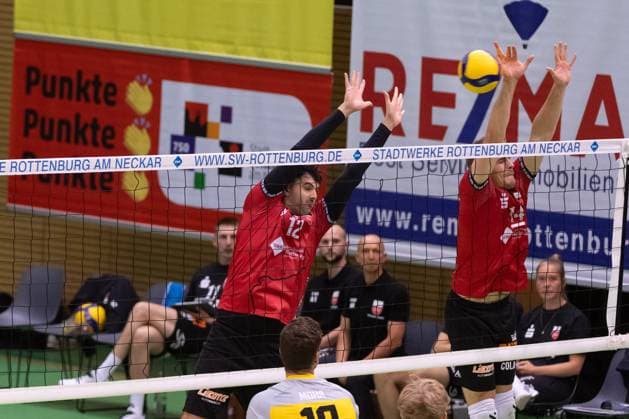 v li Yannick Menke TV Rottenburg, 12 , Timon Schippmann TV Rottenburg, 14 GER, TV Rottenburg vs TSV Grafing, Volleyball, Men, 2 Bundesliga, Season 24 25, 21 09 2024, GER, TV Rottenburg vs TSV Grafing, Volleyball, Men, 2 Bundesliga, Season 24 25, 21 09 2024 Rottenburg Copyright: xEibner-Pressefoto WolfgangxFrankx EP_WFK