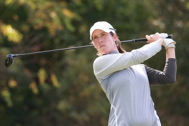 CINCINNATI, OH - SEPTEMBER 21: LPGA, Golf Damen player Celine Borge plays her tee shot on the 8th hole during the third round of the Kroger Queen City Championship presented by P&G on September 21, 2024, at TPC River™s Bend in Cincinnati, Ohio. (Photo by Brian Spurlock Icon Sportswire) GOLF: SEP 21 LPGA Kroger Queen City Championship pres by P&G EDITORIAL USE ONLY Icon240921114