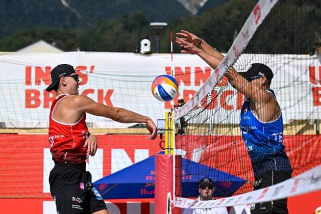 BEACHVOLLEYBALL - MEVZA Beach Event INNSBRUCK,AUSTRIA,22.SEP.24 - Beach volleyball, Beachvolleyball - MEVZA Beach Event. Image shows Laurenc Groessig and Mathias Seiser (AUT).  GEPAxpictures xDanielxSchoenherr