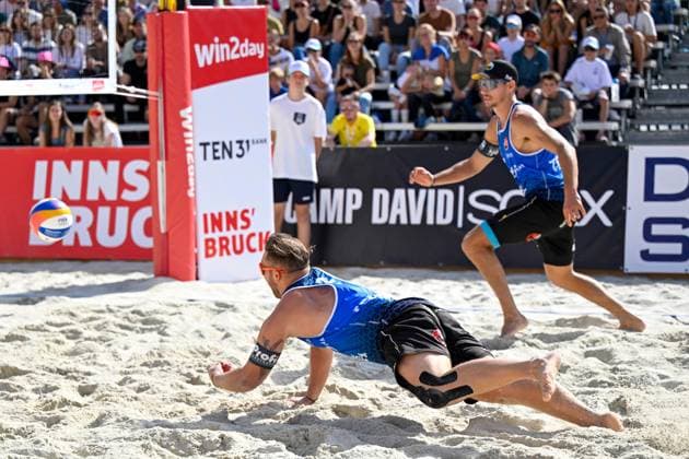 BEACHVOLLEYBALL - MEVZA Beach Event INNSBRUCK,AUSTRIA,22.SEP.24 - Beach volleyball, Beachvolleyball - MEVZA Beach Event. Image shows Moritz Kindl and Mathias Seiser (AUT).  GEPAxpictures xDanielxSchoenherr