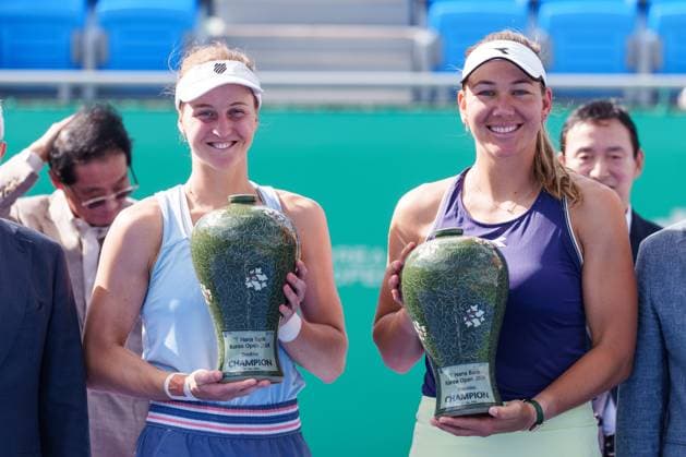 2024 WTA, Tennis Damen tennis Hana Bank Korea Open SEOUL, SOUTH KOREA, SEP 22: Liudmila Samsonova (Russia), Nicole Melichar-Martinez (UNITED STATES) during WTA Tour tennis Hana Bank Korea Open Doubles final at the seoul olympic park tennis center in Seoul, South Korea, on September 22, 2024. Seoul the Seoul Olympic Park Tennis Ce South Korea 8112_280405 Copyright: xStevexChoxKyewoong PentaxPressx