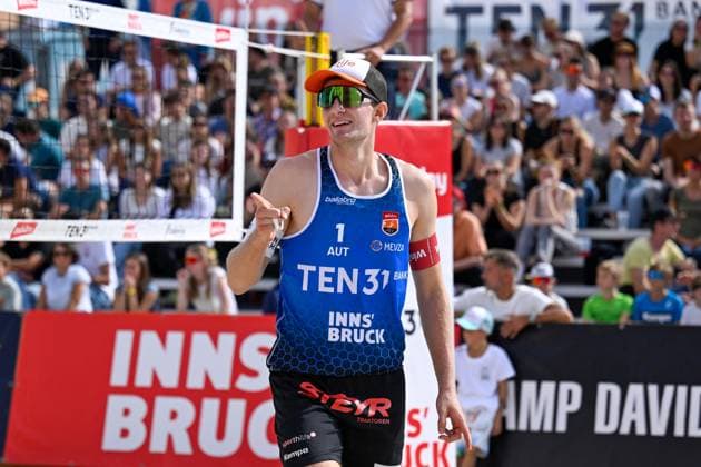 BEACHVOLLEYBALL - MEVZA Beach Event INNSBRUCK,AUSTRIA,22.SEP.24 - Beach volleyball, Beachvolleyball - MEVZA Beach Event. Image shows the rejoicing of Timo Hammarberg (AUT).  GEPAxpictures xDanielxSchoenherr