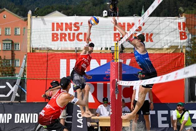 BEACHVOLLEYBALL - MEVZA Beach Event INNSBRUCK,AUSTRIA,22.SEP.24 - Beach volleyball, Beachvolleyball - MEVZA Beach Event. Image shows Florian Schnetzer and Timo Hammarberg (AUT).  GEPAxpictures xDanielxSchoenherr