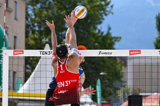 BEACHVOLLEYBALL - MEVZA Beach Event INNSBRUCK,AUSTRIA,22.SEP.24 - Beach volleyball, Beachvolleyball - MEVZA Beach Event. Image shows Paul Pascariuc and Timo Hammarberg (AUT).  GEPAxpictures xDanielxSchoenherr