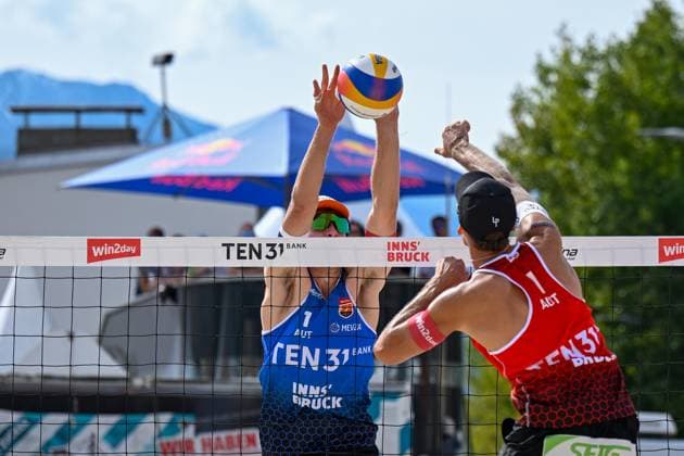 BEACHVOLLEYBALL - MEVZA Beach Event INNSBRUCK,AUSTRIA,22.SEP.24 - Beach volleyball, Beachvolleyball - MEVZA Beach Event. Image shows Timo Hammarberg and Paul Pascariuc (AUT).  GEPAxpictures xDanielxSchoenherr