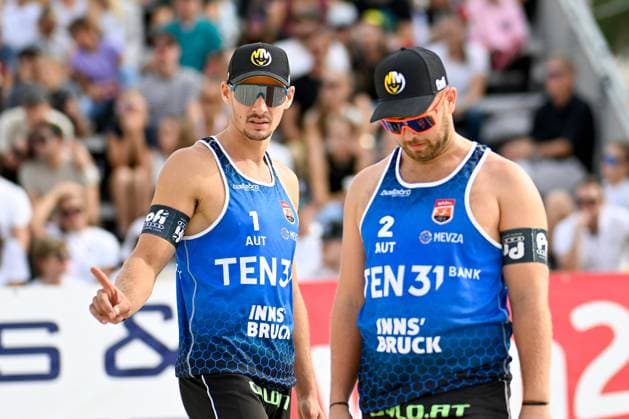 BEACHVOLLEYBALL - MEVZA Beach Event INNSBRUCK,AUSTRIA,22.SEP.24 - Beach volleyball, Beachvolleyball - MEVZA Beach Event. Image shows Mathias Seiser and Moritz Kindl (AUT).  GEPAxpictures xDanielxSchoenherr