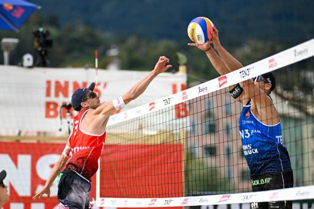 BEACHVOLLEYBALL - MEVZA Beach Event INNSBRUCK,AUSTRIA,22.SEP.24 - Beach volleyball, Beachvolleyball - MEVZA Beach Event. Image shows Florian Schnetzer and Mathias Seiser (AUT).  GEPAxpictures xDanielxSchoenherr