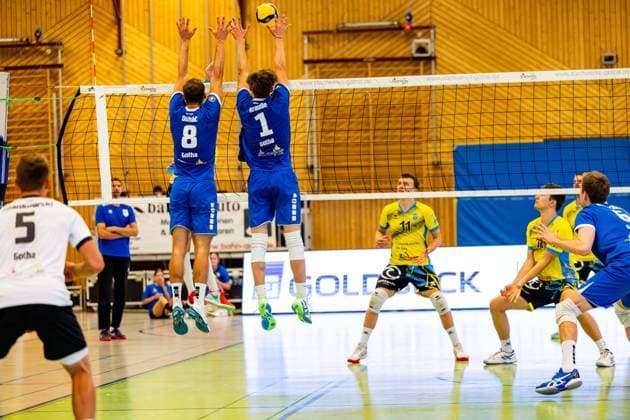 21 09 2024, GER, Volleyball, 2 BL Maenner Sued, Season 2024 2025, 1 Matchday, Blue Volleys Gotha TSV Mimmenhausen Dominik Duchac Blue Volleys Gotha Justus Krausse Blue Volleys Gotha 99867 Gotha Sporthalle Sportanlage Ernesti Thüringen Germany