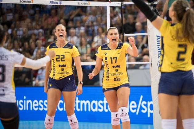Jaelyn Rose Keene SSC Palmberg Schwerin, 22 and Vedrana Jaksetic SSC Palmberg Schwerin, 17 , re Jubel GER, Allianz MTV Stuttgart vs SSC Palmberg Schwerin, Sparda Bank Supercup 2024, VBL, Season 2024 2025, 22 09 2024 GER, Allianz MTV Stuttgart vs SSC Palmberg Schwerin, Sparda Bank Supercup 2024, VBL, Season 2024 2025, 22 09 2024 Stuttgart Copyright: xSandyxDinkelackerx EP_SDR