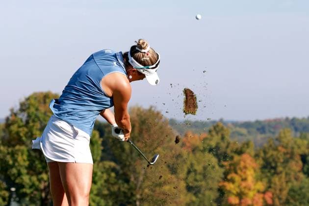 CINCINNATI, OH - SEPTEMBER 22: LPGA, Golf Damen golfer Lexi Thompson plays her tee shot on the 7th hole during the final round of the Kroger Queen City Championship presented by P&G on September 22, 2024, at TPC River™s Bend in Cincinnati, Ohio. (Photo by Brian Spurlock Icon Sportswire) GOLF: SEP 22 LPGA Kroger Queen City Championship pres by P&G EDITORIAL USE ONLY Icon2409224