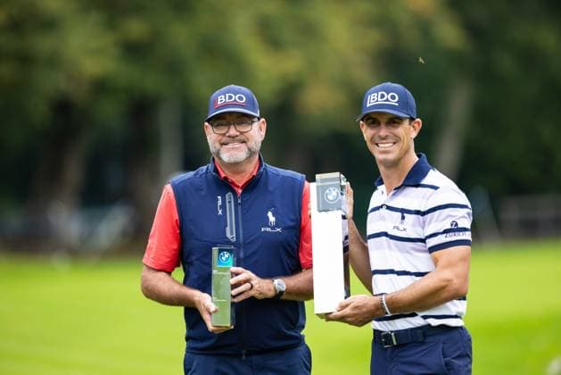 Golf - 2024 BMW PGA, Golf Herren Championship - DP World Tour - FiNAL Round - Wentworth - Sunday 22nd September 2024 Billy Horschel and his Caddy Micah Fugitt with their winning trophy at Wentworth COLORSPORT DANIEL BEARHAM  csp_golf_pga_db_22092024_