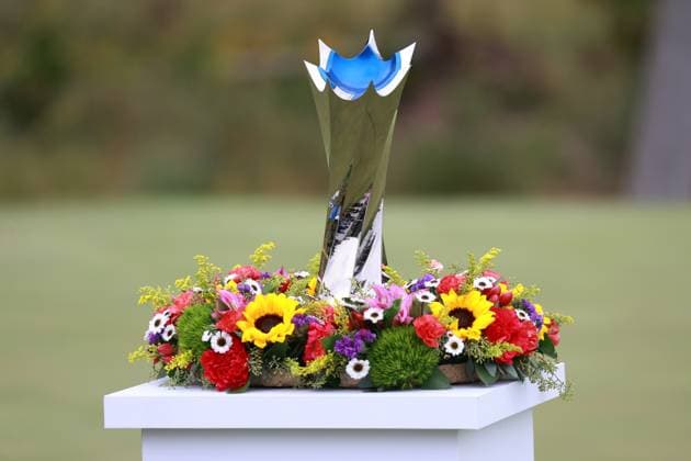 CINCINNATI, OH - SEPTEMBER 22: The trophy is on display waiting to be presented to the winner Lydia Ko at the Kroger Queen City Championship presented by P&G on September 22, 2024, at TPC River™s Bend in Cincinnati, Ohio. (Photo by Brian Spurlock Icon Sportswire) GOLF: SEP 22 LPGA, Golf Damen Kroger Queen City Championship pres by P&G EDITORIAL USE ONLY Icon240922107
