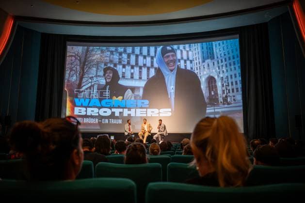 Basketball Berlin 24 09 2024 Premiere of the 4-part documentary series by Thomas Pletzinger and Timon Modersohn both not in the picture The Wagner Brothers at the Colosseum Filmtheater in Prenzlauer Berg Franz Wagner and Moritz Wagner Interview with Sven Voss after the screening