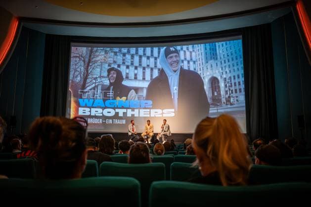 Basketball Berlin 24 09 2024 Premiere of the 4-part documentary series by Thomas Pletzinger and Timon Modersohn both not in the picture The Wagner Brothers at the Colosseum Filmtheater in Prenzlauer Berg Franz Wagner and Moritz Wagner Interview with Sven Voss after the screening