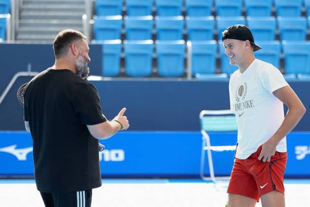 Holger Rune and trainer, coach Benjamin Ebrahimzadeh, training, Konishita Group Japan Open Tennis Championships, Tokyo, Japan Tennis Japan Open Tennis Championships 2024 ATP 500 Ariake Coliseum Tokyo Japan September 24, 2024 Copyright: xJuergenxHasenkopfx