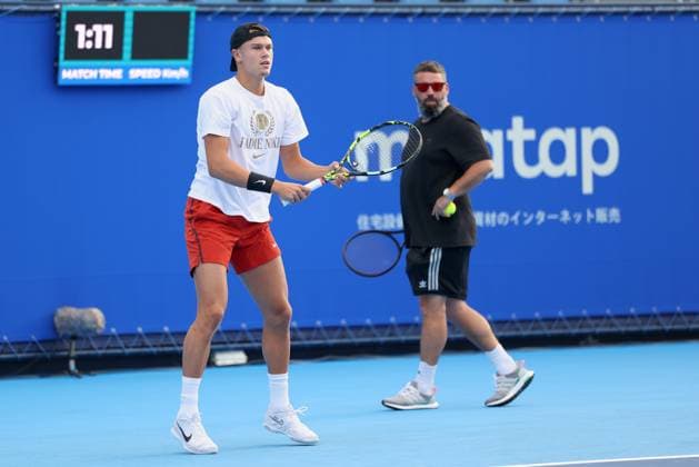 Holger Rune and trainer, coach Benjamin Ebrahimzadeh, training, Konishita Group Japan Open Tennis Championships, Tokyo, Japan Tennis Japan Open Tennis Championships 2024 ATP 500 Ariake Coliseum Tokyo Japan September 24, 2024 Copyright: xJuergenxHasenkopfx