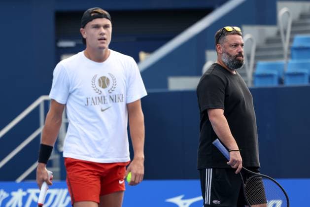 Holger Rune and trainer, coach Benjamin Ebrahimzadeh, training, Konishita Group Japan Open Tennis Championships, Tokyo, Japan Tennis Japan Open Tennis Championships 2024 ATP 500 Ariake Coliseum Tokyo Japan September 24, 2024 Copyright: xJuergenxHasenkopfx
