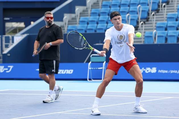 Holger Rune and trainer, coach Benjamin Ebrahimzadeh, training, Konishita Group Japan Open Tennis Championships, Tokyo, Japan Tennis Japan Open Tennis Championships 2024 ATP 500 Ariake Coliseum Tokyo Japan September 24, 2024 Copyright: xJuergenxHasenkopfx