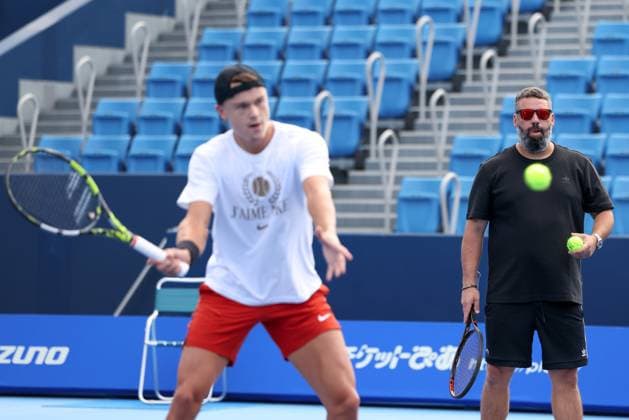 Holger Rune and trainer, coach Benjamin Ebrahimzadeh, training, Konishita Group Japan Open Tennis Championships, Tokyo, Japan Tennis Japan Open Tennis Championships 2024 ATP 500 Ariake Coliseum Tokyo Japan September 24, 2024 Copyright: xJuergenxHasenkopfx