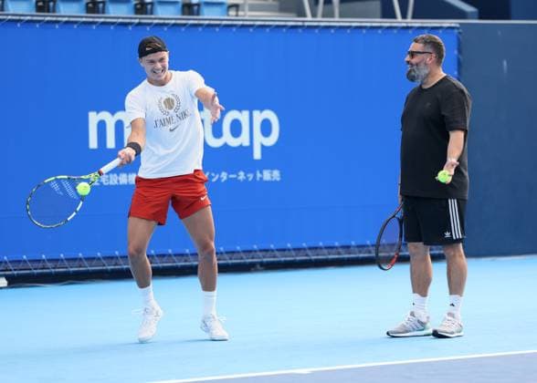Holger Rune and trainer, coach Benjamin Ebrahimzadeh, training, Konishita Group Japan Open Tennis Championships, Tokyo, Japan Tennis Japan Open Tennis Championships 2024 ATP 500 Ariake Coliseum Tokyo Japan September 24, 2024 Copyright: xJuergenxHasenkopfx