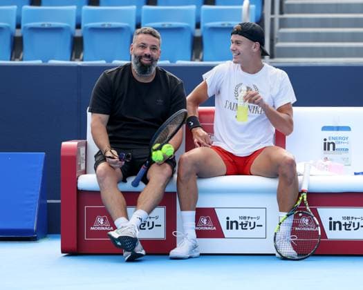 Holger Rune and trainer, coach Benjamin Ebrahimzadeh, training, Konishita Group Japan Open Tennis Championships, Tokyo, Japan Tennis Japan Open Tennis Championships 2024 ATP 500 Ariake Coliseum Tokyo Japan September 24, 2024 Copyright: xJuergenxHasenkopfx