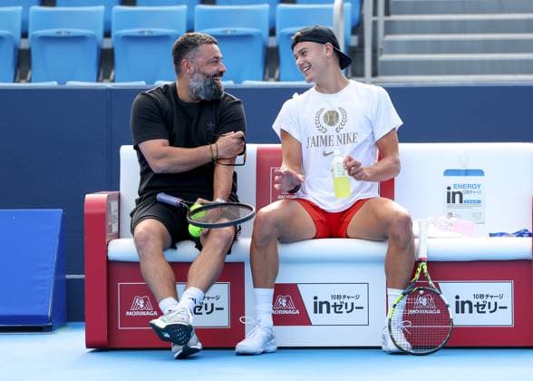 Holger Rune and trainer, coach Benjamin Ebrahimzadeh, training, Konishita Group Japan Open Tennis Championships, Tokyo, Japan Tennis Japan Open Tennis Championships 2024 ATP 500 Ariake Coliseum Tokyo Japan September 24, 2024 Copyright: xJuergenxHasenkopfx