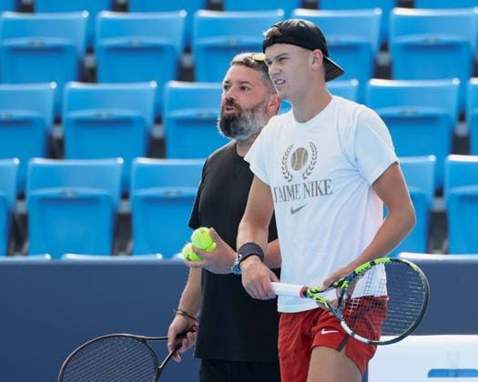 Holger Rune and trainer, coach Benjamin Ebrahimzadeh, training, Konishita Group Japan Open Tennis Championships, Tokyo, Japan Tennis Japan Open Tennis Championships 2024 ATP 500 Ariake Coliseum Tokyo Japan September 24, 2024 Copyright: xJuergenxHasenkopfx