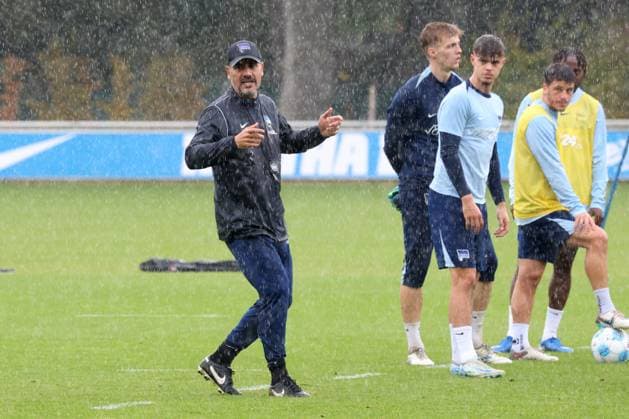 DEU, DFL, 2 FBL Hertha BSC, Training, 24 09 2024, Sportforum, Berlin, DEU, DFL, 2 FBL Hertha BSC, Training, im Bild Cheftrainer Cristian Fiel Hertha BSC Berlin , Hertha Spielerkreis DFL regulations prohibit any use of Photographs as image sequences and or quasi video Foto Juergen Engler nordphoto GmbH nordphotoxGmbHx xEngler nph00076