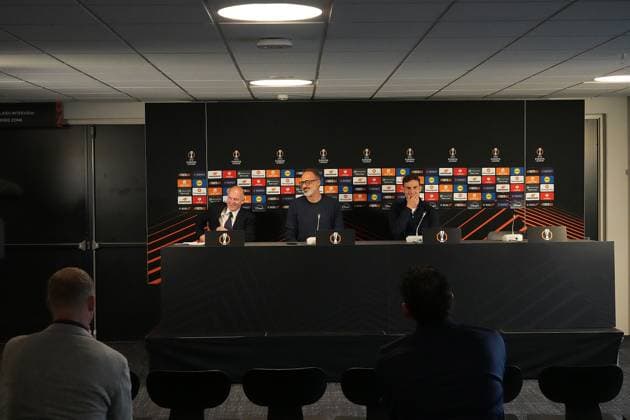 Europa League, FC Midtjylland vs TSG 1899 Hoffenheim 24 09 2024, MCH Arena, Herning, Europa League, FC Midtjylland vs TSG 1899 Hoffenheim , in the picture press conference with coach Pellegrino Matarazzo Hoffenheim and Jacob Bruun Larsen Hoffenheim Herning MCH Arena Denmark ,EDITORIAL USE ONLY