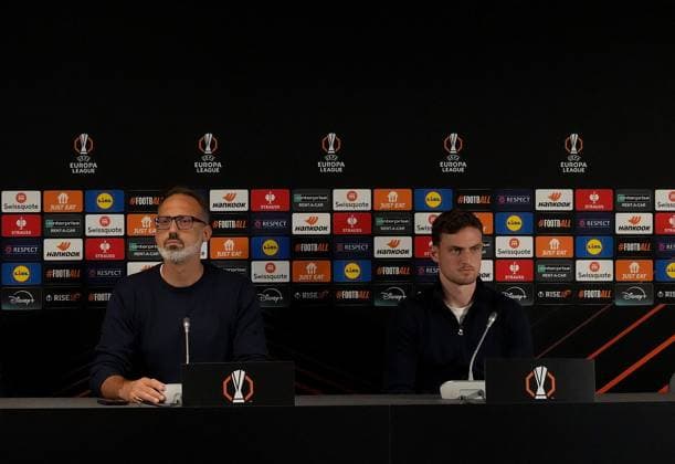 Europa League, FC Midtjylland vs TSG 1899 Hoffenheim 24 09 2024, MCH Arena, Herning, Europa League, FC Midtjylland vs TSG 1899 Hoffenheim , in the picture press conference with coach Pellegrino Matarazzo Hoffenheim and Jacob Bruun Larsen Hoffenheim Herning MCH Arena Denmark ,EDITORIAL USE ONLY