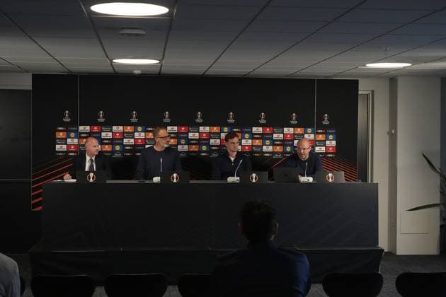 Europa League, FC Midtjylland vs TSG 1899 Hoffenheim 24 09 2024, MCH Arena, Herning, Europa League, FC Midtjylland vs TSG 1899 Hoffenheim , in the picture press conference with coach Pellegrino Matarazzo Hoffenheim and Jacob Bruun Larsen Hoffenheim Herning MCH Arena Denmark ,EDITORIAL USE ONLY