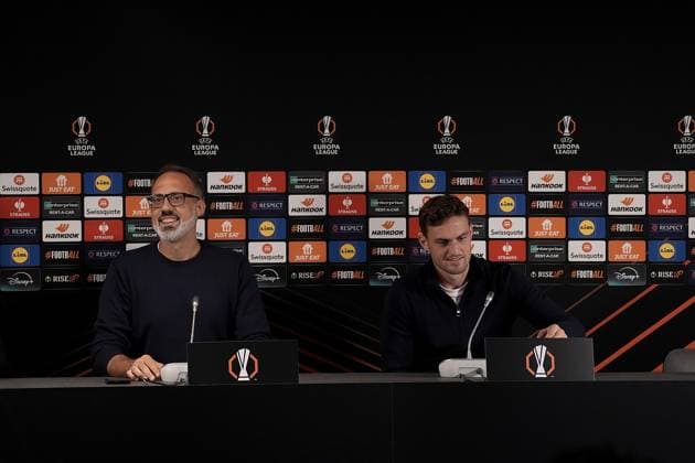 Europa League, FC Midtjylland vs TSG 1899 Hoffenheim 24 09 2024, MCH Arena, Herning, Europa League, FC Midtjylland vs TSG 1899 Hoffenheim , in the picture press conference with coach Pellegrino Matarazzo Hoffenheim and Jacob Bruun Larsen Hoffenheim Herning MCH Arena Denmark ,EDITORIAL USE ONLY