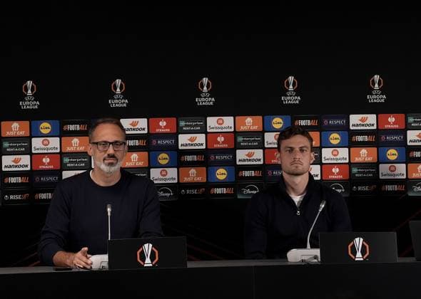 Europa League, FC Midtjylland vs TSG 1899 Hoffenheim 24 09 2024, MCH Arena, Herning, Europa League, FC Midtjylland vs TSG 1899 Hoffenheim , in the picture press conference with coach Pellegrino Matarazzo Hoffenheim and Jacob Bruun Larsen Hoffenheim Herning MCH Arena Denmark ,EDITORIAL USE ONLY