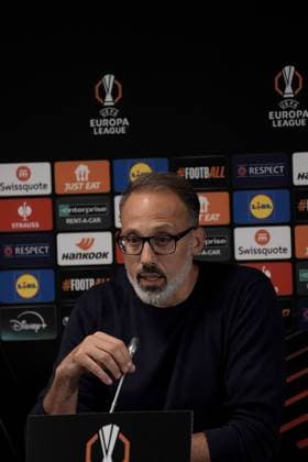 Europa League, FC Midtjylland vs TSG 1899 Hoffenheim 24 09 2024, MCH Arena, Herning, Europa League, FC Midtjylland vs TSG 1899 Hoffenheim , in the picture press conference with coach Pellegrino Matarazzo Hoffenheim and Jacob Bruun Larsen Hoffenheim Herning MCH Arena Denmark ,EDITORIAL USE ONLY