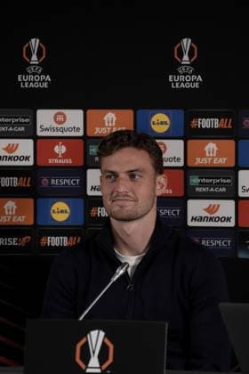 Europa League, FC Midtjylland vs TSG 1899 Hoffenheim 24 09 2024, MCH Arena, Herning, Europa League, FC Midtjylland vs TSG 1899 Hoffenheim , in the picture press conference with coach Pellegrino Matarazzo Hoffenheim and Jacob Bruun Larsen Hoffenheim Herning MCH Arena Denmark ,EDITORIAL USE ONLY