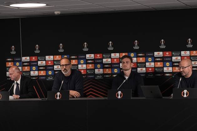 Europa League, FC Midtjylland vs TSG 1899 Hoffenheim 24 09 2024, MCH Arena, Herning, Europa League, FC Midtjylland vs TSG 1899 Hoffenheim , in the picture press conference with coach Pellegrino Matarazzo Hoffenheim and Jacob Bruun Larsen Hoffenheim Herning MCH Arena Denmark ,EDITORIAL USE ONLY