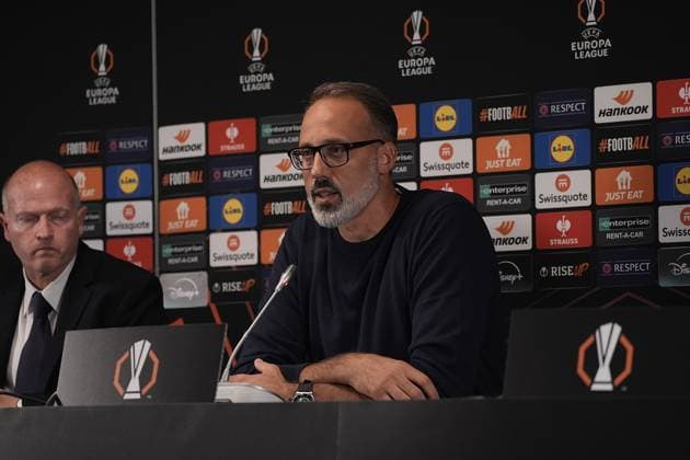 Europa League, FC Midtjylland vs TSG 1899 Hoffenheim 24 09 2024, MCH Arena, Herning, Europa League, FC Midtjylland vs TSG 1899 Hoffenheim , in the picture press conference with coach Pellegrino Matarazzo Hoffenheim and Jacob Bruun Larsen Hoffenheim Herning MCH Arena Denmark ,EDITORIAL USE ONLY