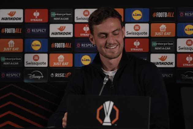 Europa League, FC Midtjylland vs TSG 1899 Hoffenheim 24 09 2024, MCH Arena, Herning, Europa League, FC Midtjylland vs TSG 1899 Hoffenheim , in the picture press conference with coach Pellegrino Matarazzo Hoffenheim and Jacob Bruun Larsen Hoffenheim Herning MCH Arena Denmark ,EDITORIAL USE ONLY