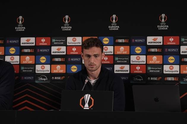 Europa League, FC Midtjylland vs TSG 1899 Hoffenheim 24 09 2024, MCH Arena, Herning, Europa League, FC Midtjylland vs TSG 1899 Hoffenheim , in the picture press conference with coach Pellegrino Matarazzo Hoffenheim and Jacob Bruun Larsen Hoffenheim Herning MCH Arena Denmark ,EDITORIAL USE ONLY