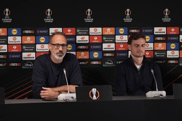 Europa League, FC Midtjylland vs TSG 1899 Hoffenheim 24 09 2024, MCH Arena, Herning, Europa League, FC Midtjylland vs TSG 1899 Hoffenheim , in the picture press conference with coach Pellegrino Matarazzo Hoffenheim and Jacob Bruun Larsen Hoffenheim Herning MCH Arena Denmark ,EDITORIAL USE ONLY