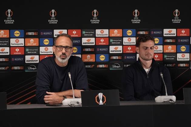 Europa League, FC Midtjylland vs TSG 1899 Hoffenheim 24 09 2024, MCH Arena, Herning, Europa League, FC Midtjylland vs TSG 1899 Hoffenheim , in the picture press conference with coach Pellegrino Matarazzo Hoffenheim and Jacob Bruun Larsen Hoffenheim Herning MCH Arena Denmark ,EDITORIAL USE ONLY
