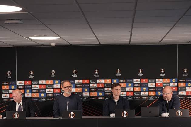 Europa League, FC Midtjylland vs TSG 1899 Hoffenheim 24 09 2024, MCH Arena, Herning, Europa League, FC Midtjylland vs TSG 1899 Hoffenheim , in the picture press conference with coach Pellegrino Matarazzo Hoffenheim and Jacob Bruun Larsen Hoffenheim Herning MCH Arena Denmark ,EDITORIAL USE ONLY