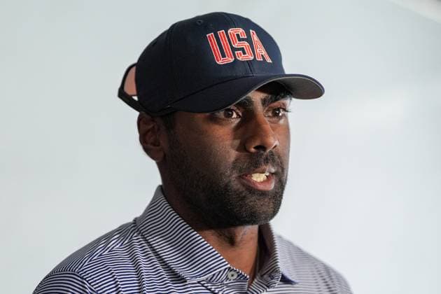 September 24, 2024, Montreal, Quebec, USA: Sahith Theegala speaks to the media at a press conference, PK, Pressekonferenz before the 2024 Presidents Cup at The Royal Montreal Golf Club. Montreal USA - ZUMAw109 20240924_fap_w109_016 Copyright: xDebbyxWongx