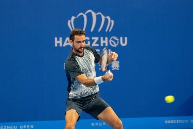 HANGZHOU, CHINA - SEPTEMBER 24: Marin Cilic of Croatia competes in the Men s Singles Final match against Zhang Zhizhen of China on day 7 of 2024 Hangzhou Open at the Hangzhou Olympic Sports Expo Center on September 24, 2024 in Hangzhou, Zhejiang Province of China.  Copyright: xVCGx 111519907160